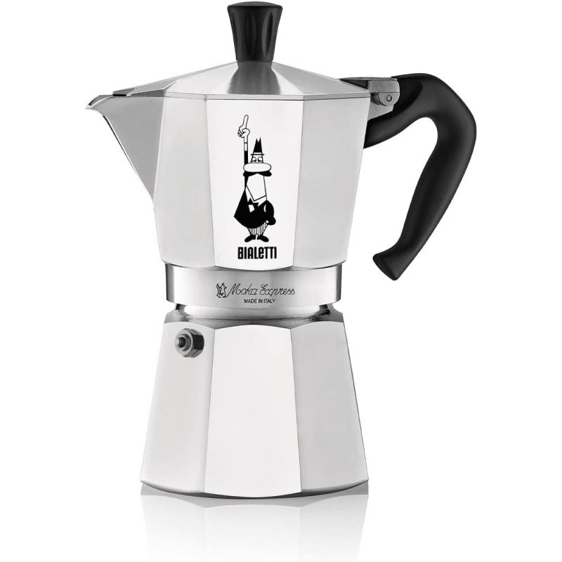 Bialetti Caffettiera Moka Express 6 Tazze, Manico anti scottatura, Non adatta a induzione, 6 Tazze (270 ml), Alluminio - 6 Tazze
