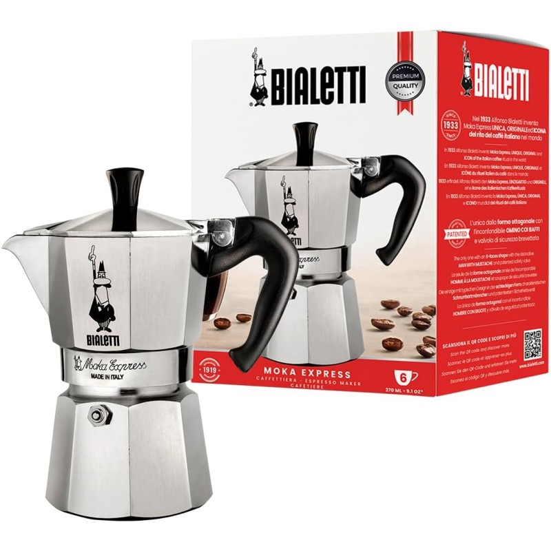 Bialetti Caffettiera Moka Express 6 Tazze, Manico anti scottatura, Non adatta a induzione, 6 Tazze (270 ml), Alluminio - 6 Tazze