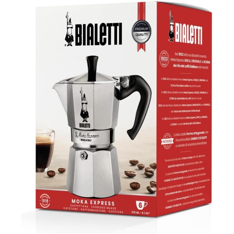 Bialetti Caffettiera Moka Express 6 Tazze, Manico anti scottatura, Non adatta a induzione, 6 Tazze (270 ml), Alluminio - 6 Tazze