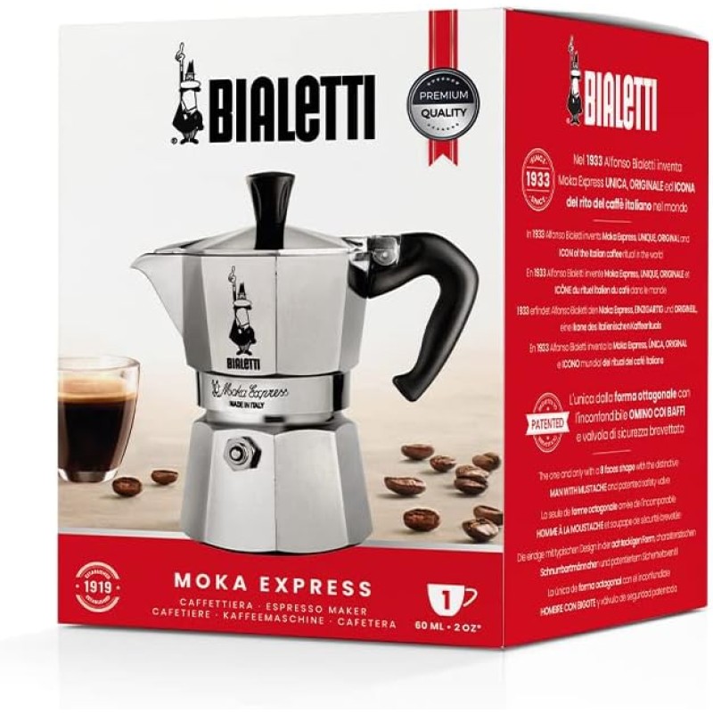 Bialetti Caffettiera Moka Express, Manico anti scottatura, Non adatta a induzione, 1 Tazze (60 ml), Alluminio - 1 Tazza