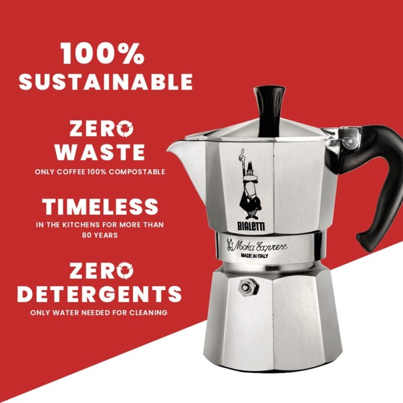 Bialetti Caffettiera Moka Express, Manico anti scottatura, Non adatta a induzione, 1 Tazze (60 ml), Alluminio - 1 Tazza