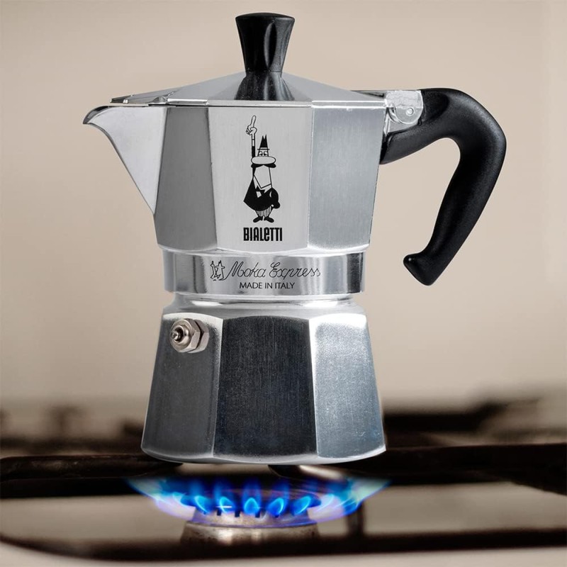 Bialetti Caffettiera Moka Express, Manico anti scottatura, Non adatta a induzione, 1 Tazze (60 ml), Alluminio - 1 Tazza