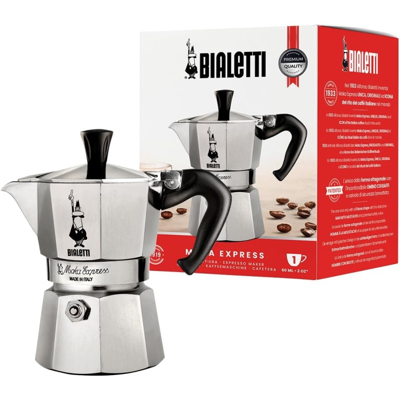 Bialetti Caffettiera Moka Express, Manico anti scottatura, Non adatta a induzione, 1 Tazze (60 ml), Alluminio - 1 Tazza