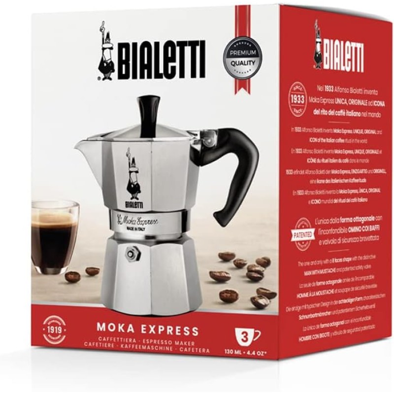 Bialetti Moka Express Caffettiera, Manico Anti Scottatura, Non Adatta A Induzione, Alluminio, Argento, 3 Tazze (130 ml) - 3 Tazze