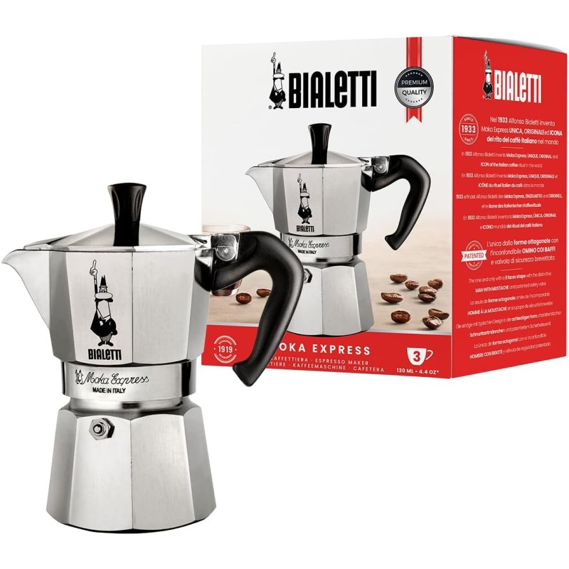 Bialetti Moka Express Caffettiera, Manico Anti Scottatura, Non Adatta A Induzione, Alluminio, Argento, 3 Tazze (130 ml) - 3 Tazze