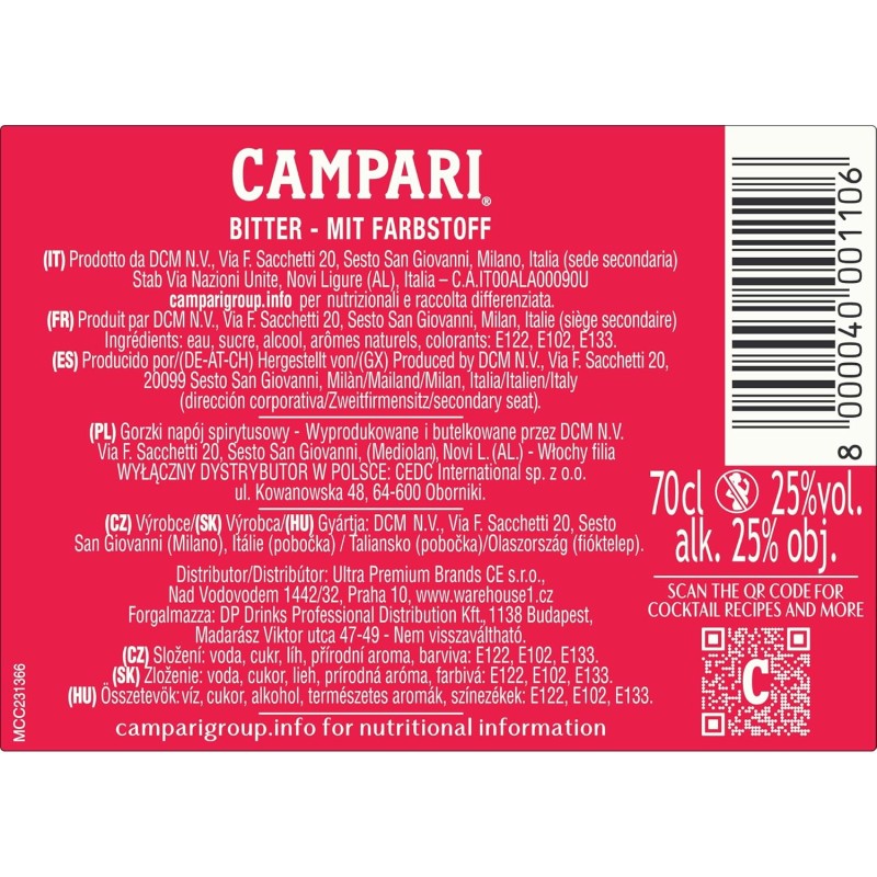Campari Bitter - 70 cl, Aperitivo Bitter Alcolico, 25% Vol - 700ml Campari Bitter - 70 cl, Aperitivo Bitter Alcolico, 25% Vol - 700ml