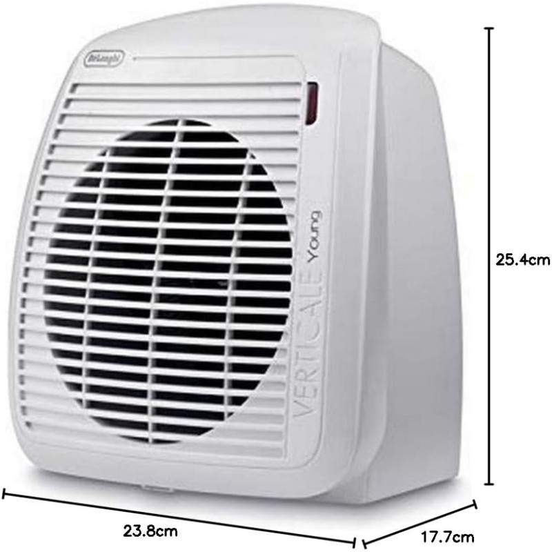 De'Longhi HVY1020 Termoventilatore verticale Young, Silenzioso e leggero, Protezione antigoccia, Maniglia, Dispositivo di sicurezza, Luce, Protezione antigelo, Piccole dimensioni, 2000watt, Bianco