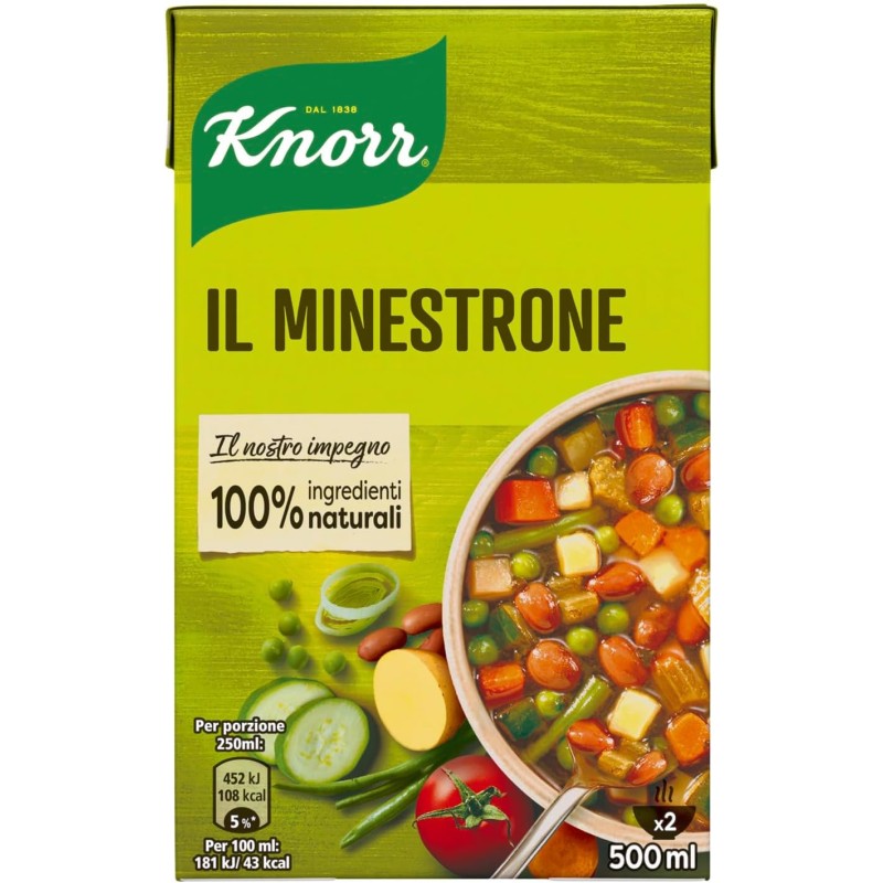 Knorr Minestrone Tradizionale, Piatti Pronti Knorr con Ingredienti 100% Naturali, Senza Coloranti e Senza Conservanti, Fonte di Fibre, Vegano, Confezione da 500ml - 500 ml (Confezione da 1)