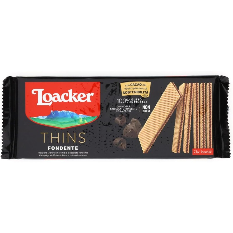 Loacker - Wafer Thins Fondente - Wafer Sottile e Fragrante con due Strati di Cialde Farcite con uno Strato di Crema al Cioccolato Fondente – Colazione - Merenda e Snack - 1 Confezione da 150g Loacker - Wafer Thins Fondente - Wafer Sottile e Fragrante con due Strati di Cialde Farcite con uno Strato di Crema al Cioccolato Fondente – Colazione - Merenda e Snack - 1 Confezione da 150g