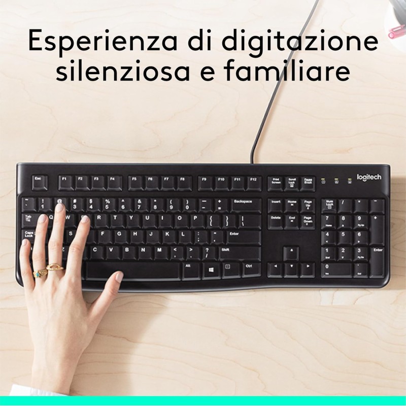 Logitech K120 Tastiera con Cavo per Windows, USB Plug-and-Play, Dimensioni Standard, Resistente agli Schizzi, Barra Spaziatrice Curva, Compatibile con PC, Laptop, Layout Italiano QWERTY - Nero Logitech K120 Tastiera con Cavo per Windows, USB Plug-and-Play, Dimensioni Standard, Resistente agli Schizzi, Barra Spaziatrice Curva, Compatibile con PC, Laptop, Layout Italiano QWERTY - Nero