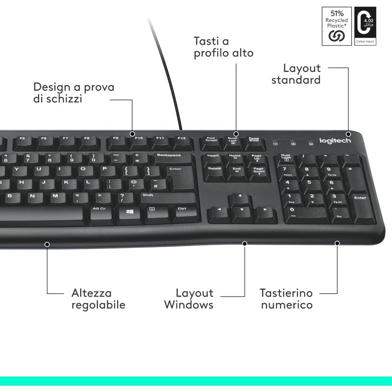 Logitech K120 Tastiera con Cavo per Windows, USB Plug-and-Play, Dimensioni Standard, Resistente agli Schizzi, Barra Spaziatrice Curva, Compatibile con PC, Laptop, Layout Italiano QWERTY - Nero Logitech K120 Tastiera con Cavo per Windows, USB Plug-and-Play, Dimensioni Standard, Resistente agli Schizzi, Barra Spaziatrice Curva, Compatibile con PC, Laptop, Layout Italiano QWERTY - Nero