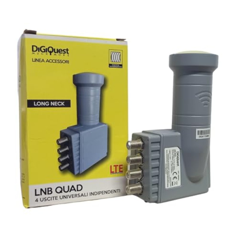 Digiquest LNB QUAD Universale LNB402C | Quattro uscite indipendenti utilizzabile per impianti standard con doppia schermatura. I/P L: 10,7~12,75 Ghz - o/P L: 950~2150 MHz - L.O. 9.75/10.6 GHZ
