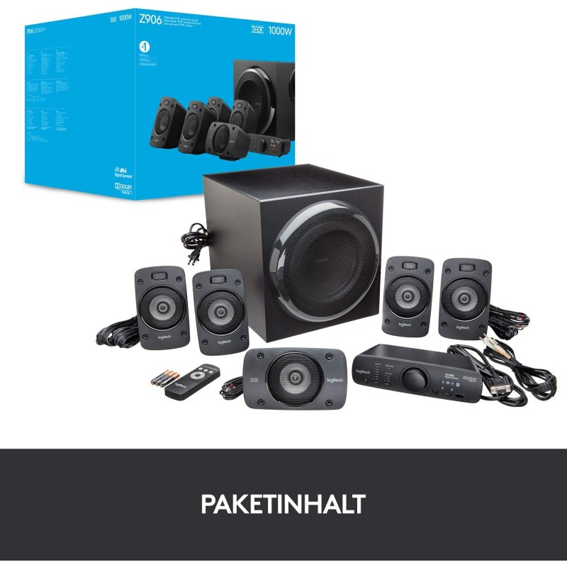 Logitech Z906 5.1 Sistema di Altoparlanti Audio Dolby Surround, Certificato THX, Dolby e DTS, Potenza 1000 Watt, Multidispositivo, Con Telecomando, Presa EU/IT, PC/PS4/Xbox/TV/Smartphone/Tablet Logitech Z906 5.1 Sistema di Altoparlanti Audio Dolby Surround, Certificato THX, Dolby e DTS, Potenza 1000 Watt, Multidispositivo, Con Telecomando, Presa EU/IT, PC/PS4/Xbox/TV/Smartphone/Tablet