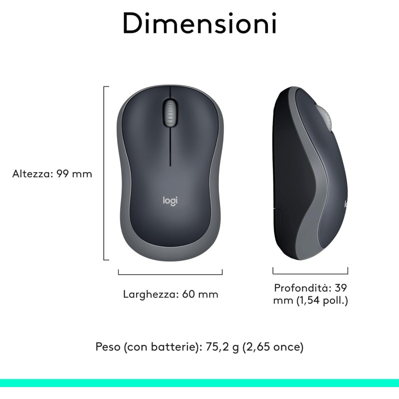 Logitech M185 Mouse Wireless, 2,4 GHz con Mini Ricevitore USB, Durata Batteria di 12 Mesi, Tracciamento Ottico 1000 DPI, Ambidestro, Compatibile con PC, Mac, Laptop - Grigio - Grigio Logitech M185 Mouse Wireless, 2,4 GHz con Mini Ricevitore USB, Durata Batteria di 12 Mesi, Tracciamento Ottico 1000 DPI, Ambidestro, Compatibile con PC, Mac, Laptop - Grigio - Grigio