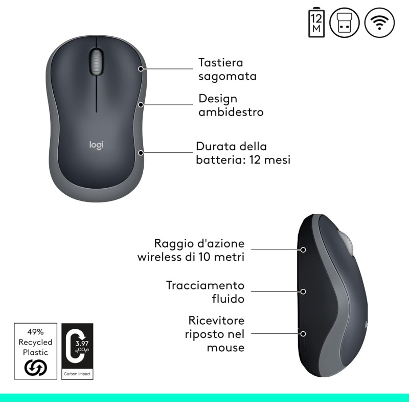 Logitech M185 Mouse Wireless, 2,4 GHz con Mini Ricevitore USB, Durata Batteria di 12 Mesi, Tracciamento Ottico 1000 DPI, Ambidestro, Compatibile con PC, Mac, Laptop - Grigio - Grigio Logitech M185 Mouse Wireless, 2,4 GHz con Mini Ricevitore USB, Durata Batteria di 12 Mesi, Tracciamento Ottico 1000 DPI, Ambidestro, Compatibile con PC, Mac, Laptop - Grigio - Grigio