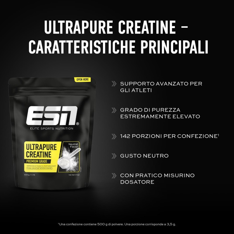 ESN Ultrapure Creatina Monoidrata in Polvere Pura al 100%, 500 g - 100% Vegan - Integratore per Allenamento, Sport, Palestra e Pre Workout ESN Ultrapure Creatina Monoidrata in Polvere Pura al 100%, 500 g - 100% Vegan - Integratore per Allenamento, Sport, Palestra e Pre Workout