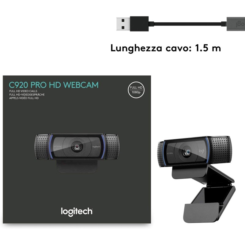 Logitech C920 HD Pro Webcam, Videochiamata Full HD 1080p/30fps, Audio Stereo Chiaro, Correzione Luce HD, Funziona con Skype, Zoom, FaceTime, Hangouts, PC, Mac, Laptop, Tablet, Chromebook - Nero Logitech C920 HD Pro Webcam, Videochiamata Full HD 1080p/30fps, Audio Stereo Chiaro, Correzione Luce HD, Funziona con Skype, Zoom, FaceTime, Hangouts, PC, Mac, Laptop, Tablet, Chromebook - Nero