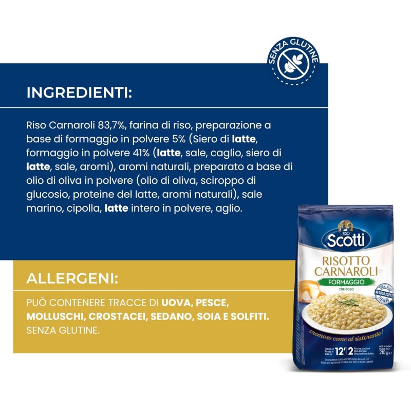 Riso Scotti, Risotto al Formaggio Cremoso, Riso Carnaroli con Formaggio, Senza Glutine, Pronto in 12 Minuti, 210 g - 210 g (Confezione da 1)