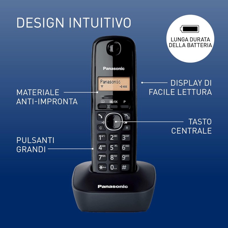 Panasonic KX-TG1611JTH Telefono Cordless Digitale, Unità Base e Ricevitore Singolo, ID Chiamante, Batteria Lunga Durata, Display LCD, Rubrica, Memoria di Riselezione, Sveglia, Grigio Antracite - Singolo Nero Panasonic KX-TG1611JTH Telefono Cordless Digitale, Unità Base e Ricevitore Singolo, ID Chiamante, Batteria Lunga Durata, Display LCD, Rubrica, Memoria di Riselezione, Sveglia, Grigio Antracite - Singolo Nero