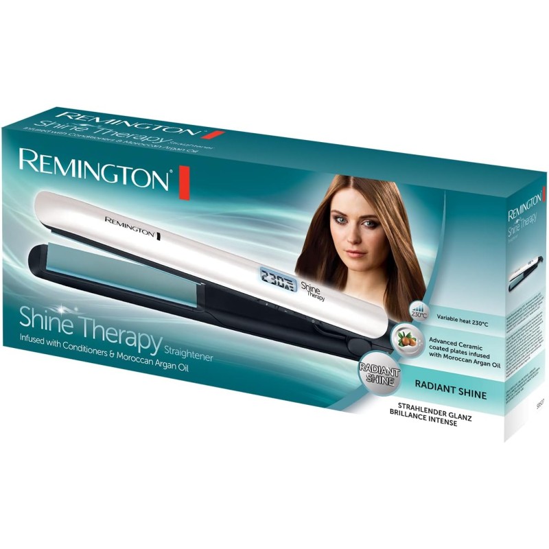 Remington Piastra per Capelli Shine Therapy - Rivestimento Ceramico con ingredienti microattivi per maggiore brillantezza - olio di Argan marocchino e vitamina E, Display LCD, 150-230°C, S8500 Remington Piastra per Capelli Shine Therapy - Rivestimento Ceramico con ingredienti microattivi per maggiore brillantezza - olio di Argan marocchino e vitamina E, Display LCD, 150-230°C, S8500