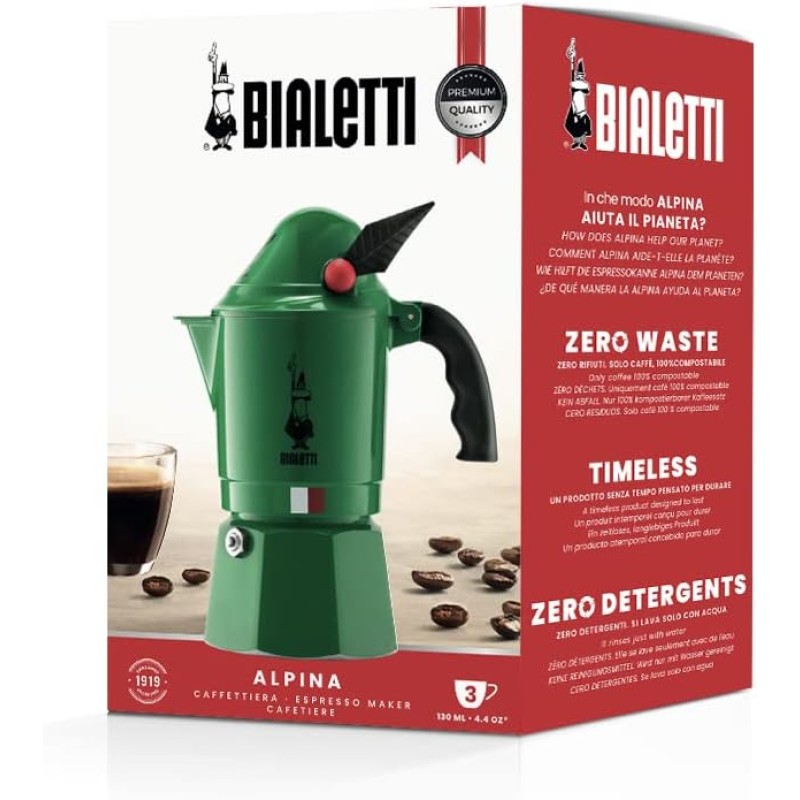 Bialetti Alpina New Break Coffee Maker, Anti-Scald Handle, In Honor Of The Alpine Body, Not Suitable For Induction, 3 Cups (130 ml), Aluminium, Green