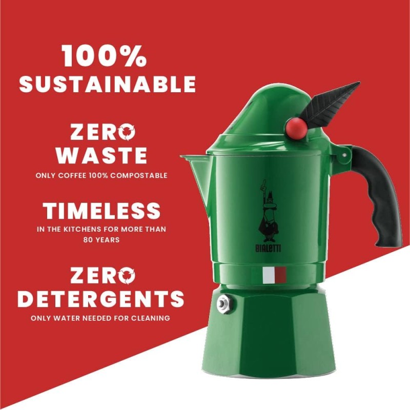 Bialetti Alpina New Break Coffee Maker, Anti-Scald Handle, In Honor Of The Alpine Body, Not Suitable For Induction, 3 Cups (130 ml), Aluminium, Green