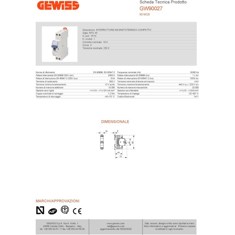 Gewiss GW90027 Circuit Breaker 16A, 1P+N, 4.5KA, Automatic, Multicolour - 1 Pacco Gewiss GW90027 Circuit Breaker 16A, 1P+N, 4.5KA, Automatic, Multicolour - 1 Pacco