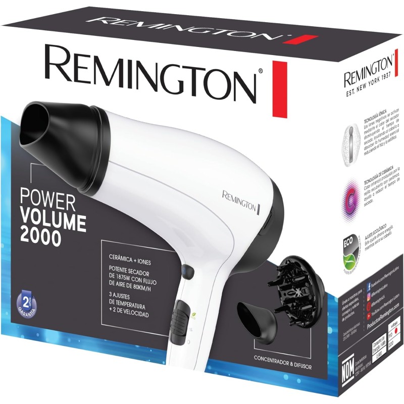 Remington Asciugacapelli 2000W - Leggero - Griglia Ionica in Ceramica per un calore omogeneo, bocchetta e diffusore per styling, 3 livelli di riscaldamento e 2 di ventola separati, D3015
