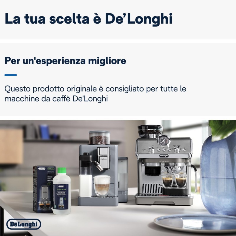 De'Longhi EcoDecalk Decalcificante DLSC500, 5 Dosi di Decalcificazione, Accessorio Manutenzione Macchina da Caffè, Ingredienti di Origine Vegetale, Bottiglia Con 5 Dosi, 500ml