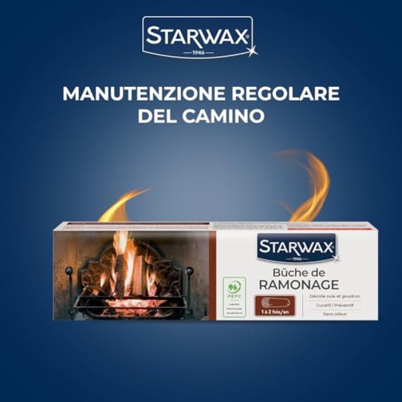 STARWAX – Ceppo Spazzacamino – Elimina Fuliggine e Catrame – Formula Brevettata – Inodore – Certificato Incluso – Per stufe e camini – Uso 1‑2 volte/anno – 1,1 kg