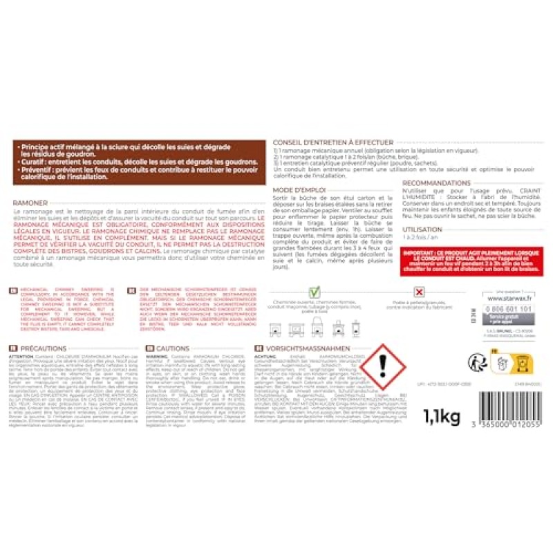 STARWAX – Ceppo Spazzacamino – Elimina Fuliggine e Catrame – Formula Brevettata – Inodore – Certificato Incluso – Per stufe e camini – Uso 1‑2 volte/anno – 1,1 kg