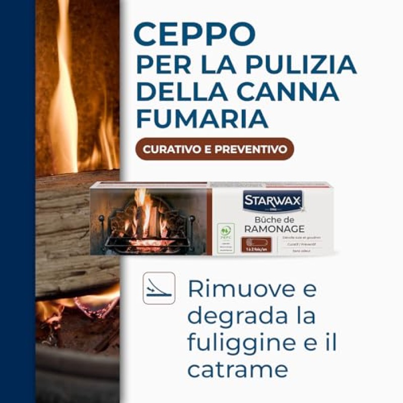 STARWAX – Ceppo Spazzacamino – Elimina Fuliggine e Catrame – Formula Brevettata – Inodore – Certificato Incluso – Per stufe e camini – Uso 1‑2 volte/anno – 1,1 kg