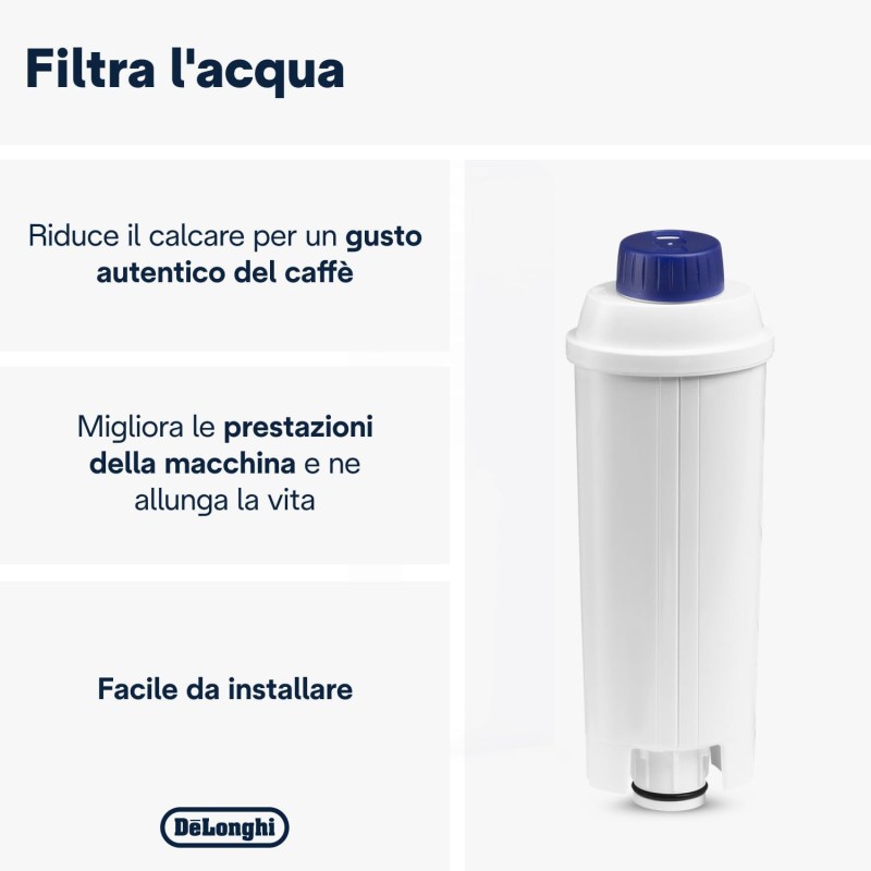 De'Longhi DLSC002 Filtro Addolcitore per Acqua Macchina Caffè Automatiche, Ricambio Filtro Macchina Caffè della Serie Ecam, Utile e facile da installare nel serbatoio dell'acqua, MADE IN ITALY