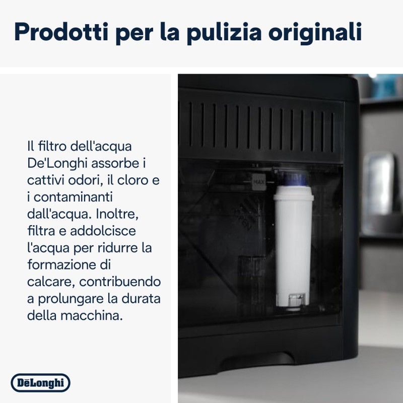 De'Longhi DLSC002 Filtro Addolcitore per Acqua Macchina Caffè Automatiche, Ricambio Filtro Macchina Caffè della Serie Ecam, Utile e facile da installare nel serbatoio dell'acqua, MADE IN ITALY