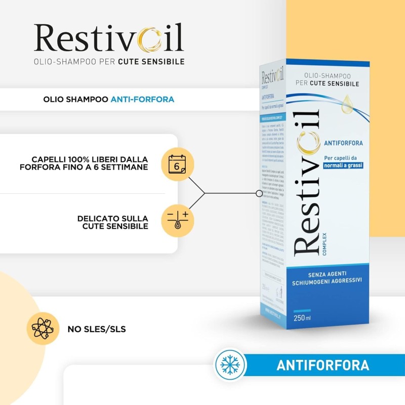 RestivOil Complex Olio Shampoo Delicato Antiforfora per Capelli da Normali a Grassi con Azione Antiseborroica e Anti Prurito, Shampoo Senza Schiuma, 250 ml