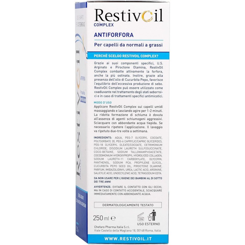 RestivOil Complex Olio Shampoo Delicato Antiforfora per Capelli da Normali a Grassi con Azione Antiseborroica e Anti Prurito, Shampoo Senza Schiuma, 250 ml
