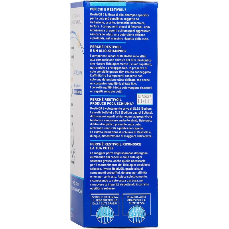 RestivOil Complex Olio Shampoo Delicato Antiforfora per Capelli da Normali a Grassi con Azione Antiseborroica e Anti Prurito, Shampoo Senza Schiuma, 250 ml
