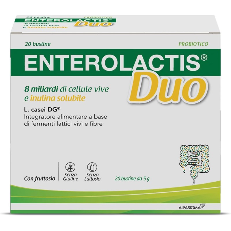 Enterolactis Duo, Integratore Alimentare di Fermenti Lattici Vivi L,Casei DG, 8 Miliardi di Cellule Vive, Con Fruttosio, Senza Glutine e Lattosio, 20 Bustine - 20 unità (Confezione da 1)