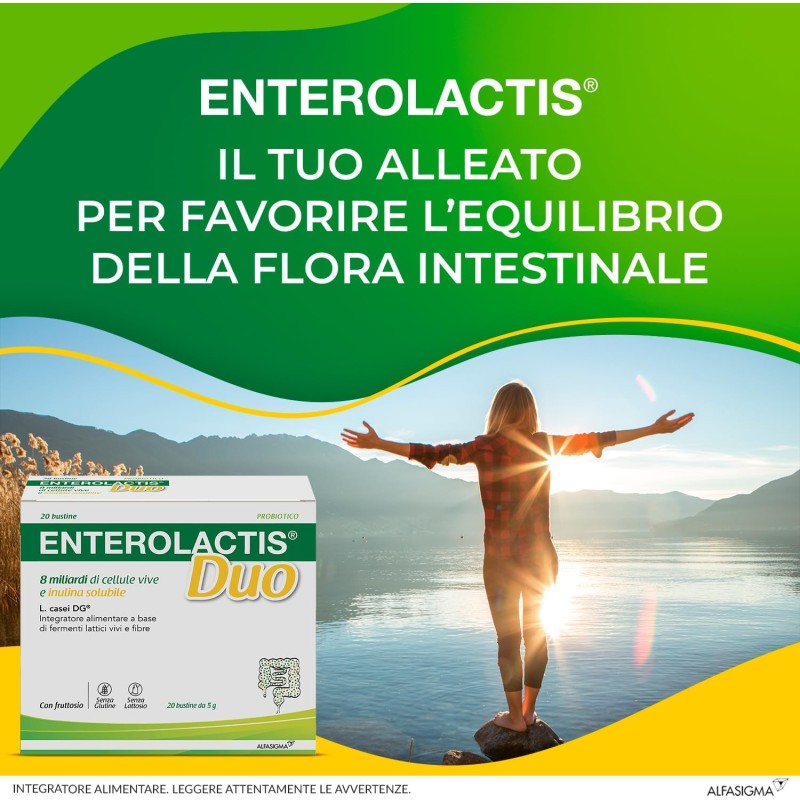 Enterolactis Duo, Integratore Alimentare di Fermenti Lattici Vivi L,Casei DG, 8 Miliardi di Cellule Vive, Con Fruttosio, Senza Glutine e Lattosio, 20 Bustine - 20 unità (Confezione da 1)