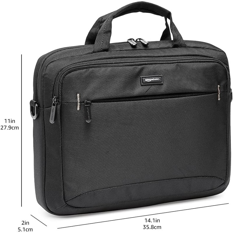 Amazon Basics Borsa compatta a tracolla per laptop con tasche portaoggetti per accessori, custodia da trasporto, 14 pollici - 35,6 cm, 1 unità, confezione da 1, Nero - 35.6 cm