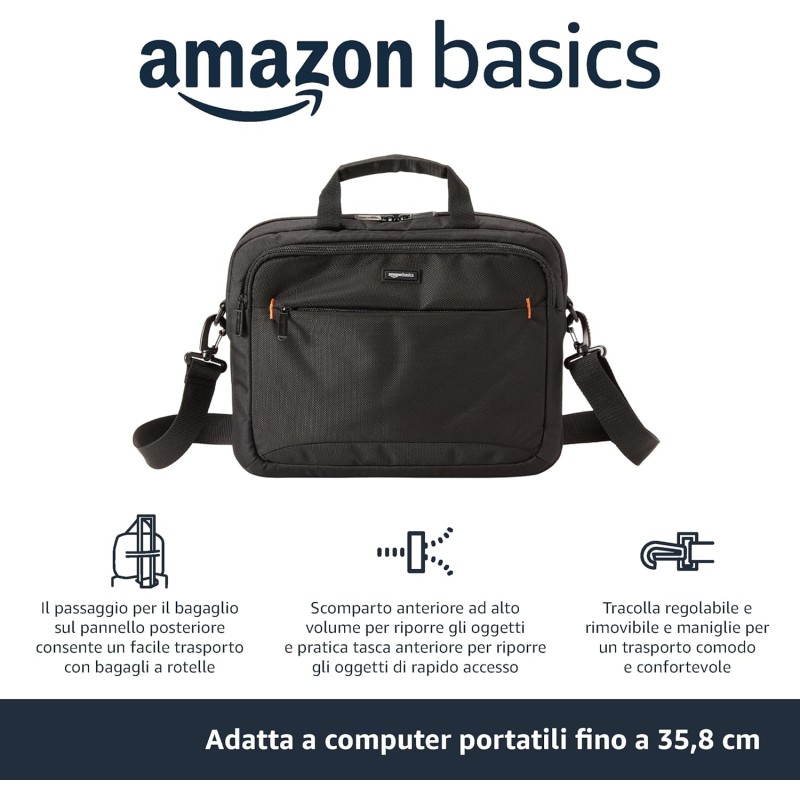 Amazon Basics Borsa compatta a tracolla per laptop con tasche portaoggetti per accessori, custodia da trasporto, 14 pollici - 35,6 cm, 1 unità, confezione da 1, Nero - 35.6 cm