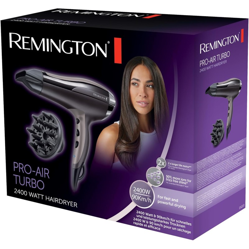 Remington Asciugacapelli 2400W - Leggero e Potente - Con Ioni per capelli meno crespi, 3 livelli di riscaldamento e 2 di ventola separati, Funzione di raffreddamento, Diffusore, Pro-Air Turbo D5220 Remington Asciugacapelli 2400W - Leggero e Potente - Con Ioni per capelli meno crespi, 3 livelli di riscaldamento e 2 di ventola separati, Funzione di raffreddamento, Diffusore, Pro-Air Turbo D5220