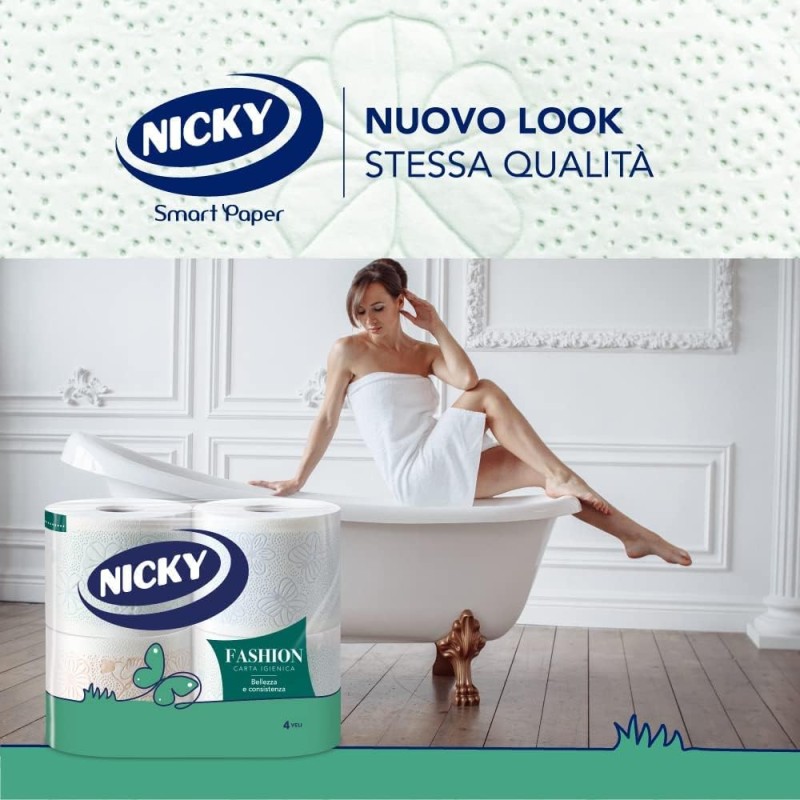 Nicky Fashion - 4 Rotoli di Carta Igienica, 165 Soffici Fogli a 4 Veli, 3 Diverse Texture e Colori, Delicato Profumo di Talco, Carta 100% Certificata FSC® - 165 unità (Confezione da 4)
