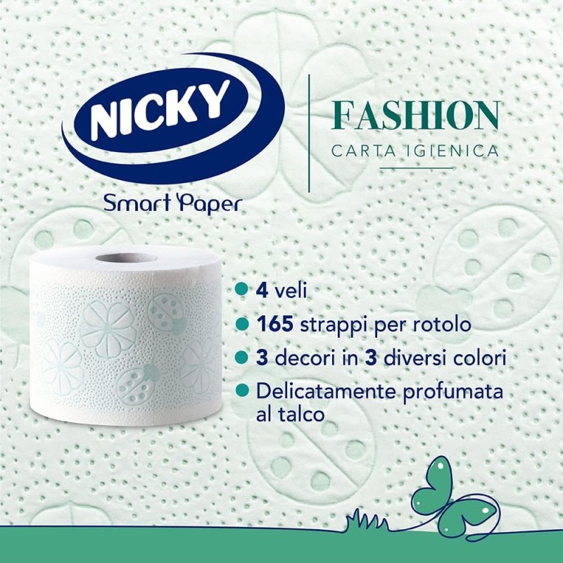 Nicky Fashion - 4 Rotoli di Carta Igienica, 165 Soffici Fogli a 4 Veli, 3 Diverse Texture e Colori, Delicato Profumo di Talco, Carta 100% Certificata FSC® - 165 unità (Confezione da 4)