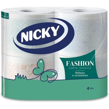 Nicky Fashion - 4 Rotoli di Carta Igienica, 165 Soffici Fogli a 4 Veli, 3 Diverse Texture e Colori, Delicato Profumo di Talco, Carta 100% Certificata FSC® - 165 unità (Confezione da 4)