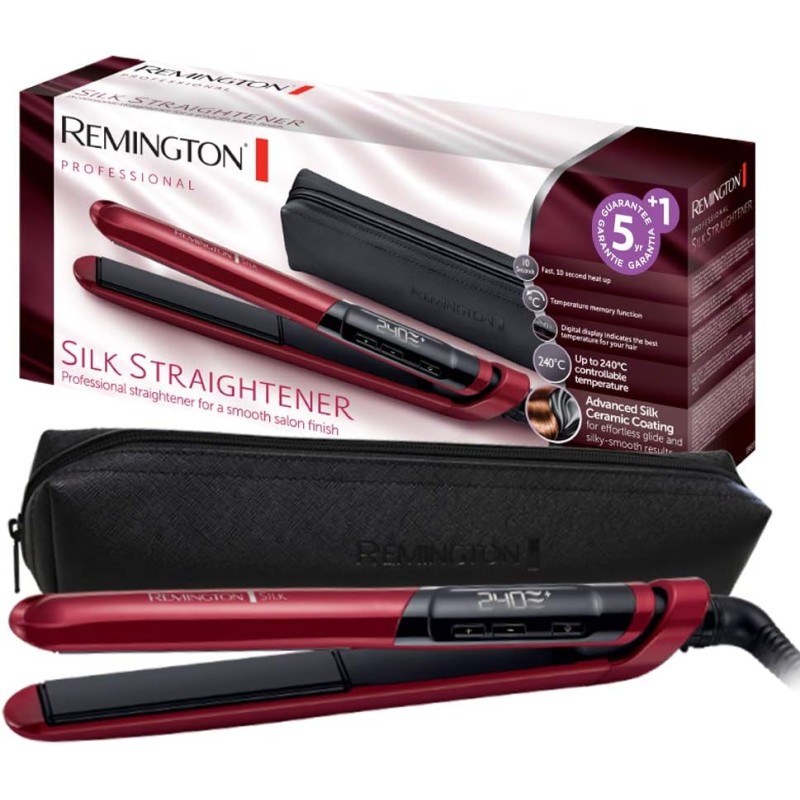 Remington Piastra per Capelli Silk - Rivestimento Ceramico a Doppio strato con Proteine ​​della Seta per capelli Lisci e Lucenti - Display LCD, 150-235°C, max 30 secondi 240°C, Piastra Capelli S9600