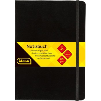 Idena 209284 - Taccuino DIN A5 a righe, carta crema, 192 pagine, 80 g/m², copertina rigida nera, 1 pz. - DIN A5