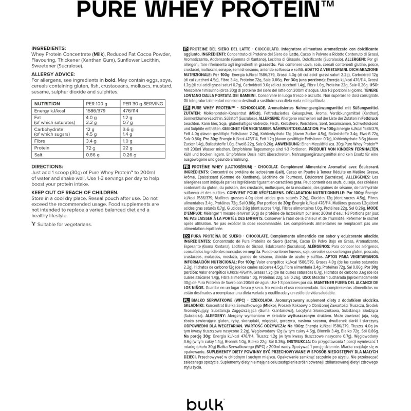 Bulk Pure Whey Proteine in Polvere | Cioccolato | 22g Proteine e 5g BCAA per dose | Basso contenuto di zuccheri | Supporta la crescita e il recupero muscolare | Facile da miscelare | 1kg - 33 Porzioni (Confezione da 1) Bulk Pure Whey Proteine in Polvere | Cioccolato | 22g Proteine e 5g BCAA per dose | Basso contenuto di zuccheri | Supporta la crescita e il recupero muscolare | Facile da miscelare | 1kg - 33 Porzioni (Confezione da 1)