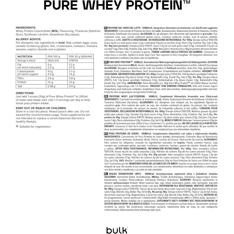Bulk Pure Whey Proteine in Polvere | Vaniglia | 22g Proteine e 5g BCAA per dose | Basso contenuto di zuccheri | Supporta la crescita e il recupero muscolare | Facile da miscelare | 1kg - 33 Porzioni (Confezione da 1)