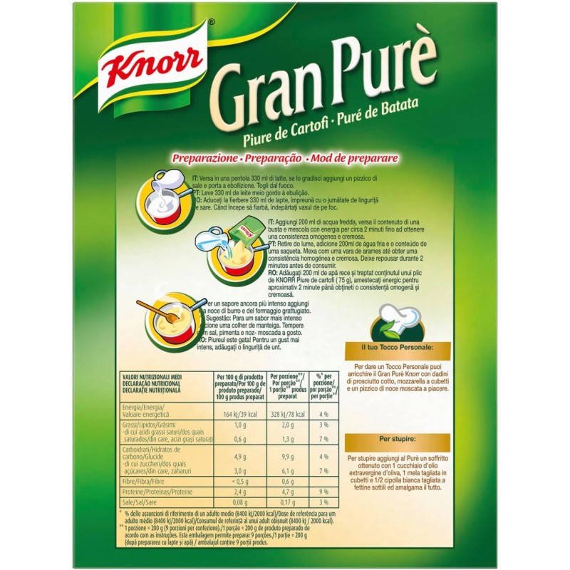 Knorr Gran Purè, Piatti Pronti Knorr con Patate da Agricoltura Sostenibile, Senza Coloranti, Senza Conservanti e Senza Glutine, Confezione da, 225g - 225 g (Confezione da 1)